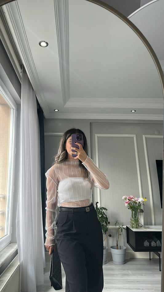 Çizgili Transparan Bluz — Ekru